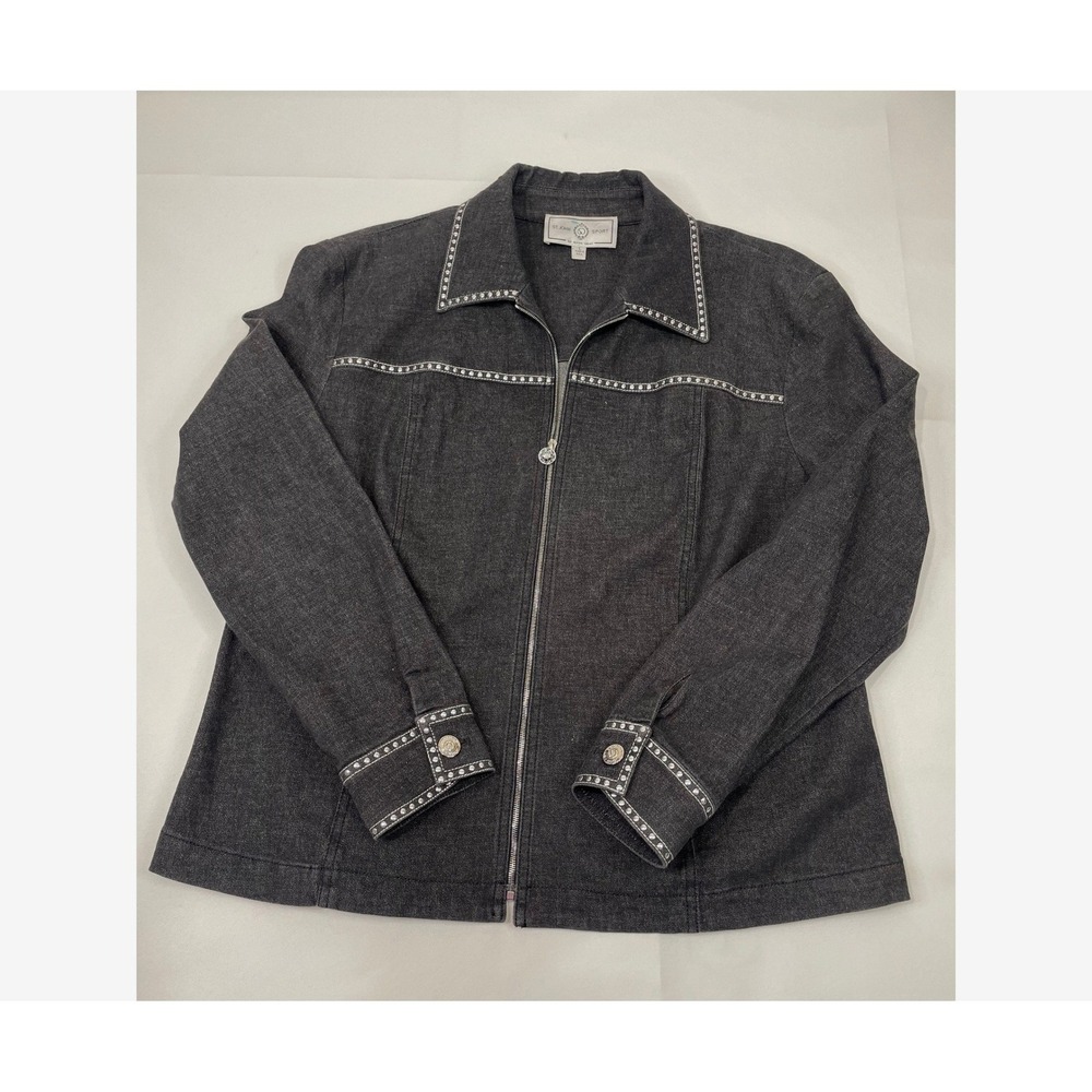 St John Sport Vintage‎ Charcoal Gray Studded Metallic Denim Zip Jacket Large